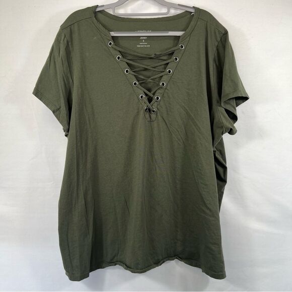 Torrid Army Green Neck Laced Short Sleeve Jersey Top 0677 - Picture 1 of 10